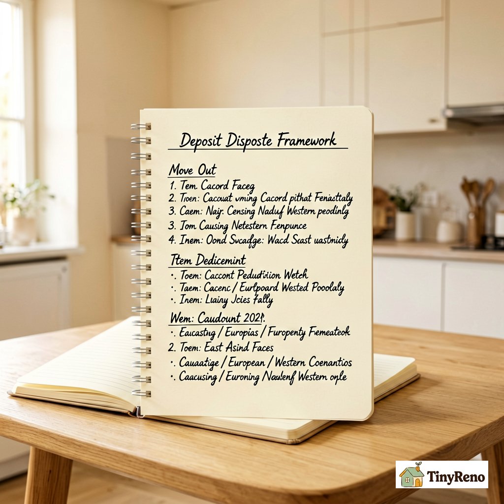 Notebook page with move-out letter template showing dispute framework and itemized deposit deductions to challenge