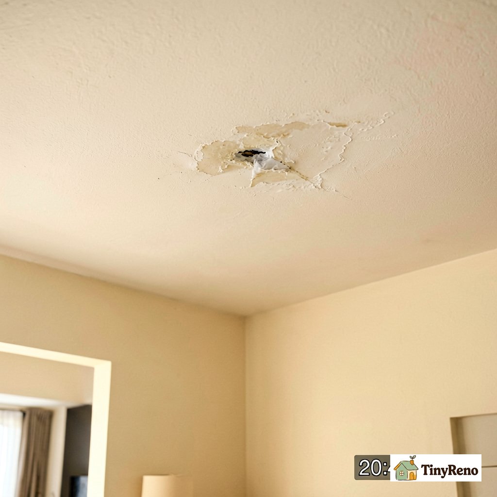 Photograph of a water-damaged ceiling with timestamp visible in the corner taken on smartphone