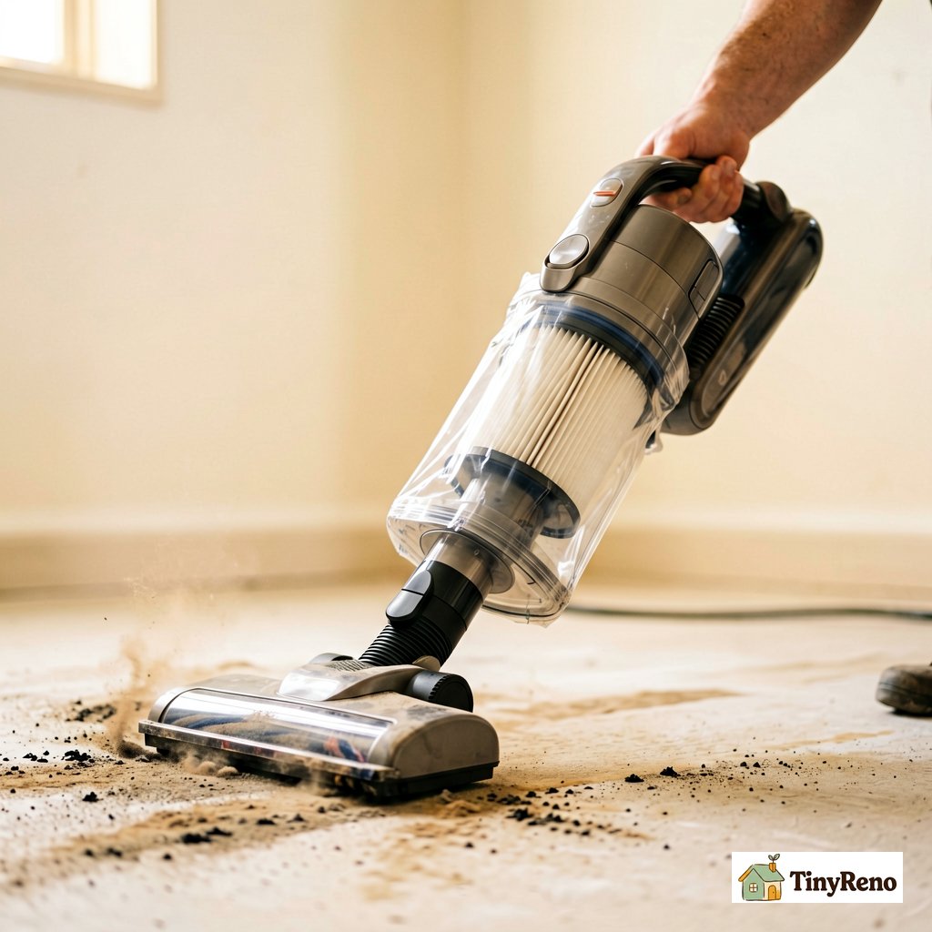 A true HEPA vacuum being used on a work area during a lead dust cleanup with sealed collection bag and HEPA filter visible
