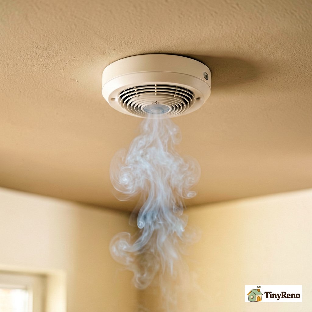 A close-up of a ceiling-mounted ionization smoke alarm with a faint cloud of vapor drifting toward it from below, demonstrating the typical 6-inch trigger zone