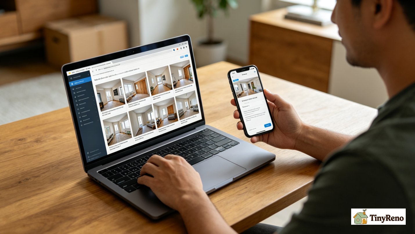 Smartphone showing email draft to landlord with move-in photo attachments and timestamped subject line