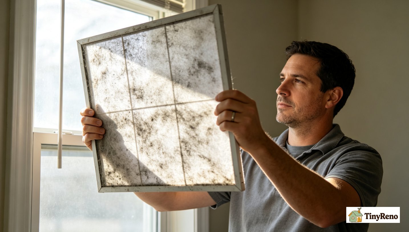 Homeowner holding dirty grey clogged air filter up toward window light to inspect dust buildup, checking if replacement is needed