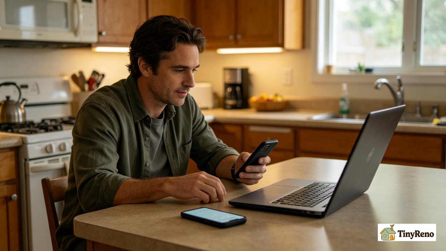 Person sitting at kitchen counter sending move-in defect photos via email to create server-side timestamp record
