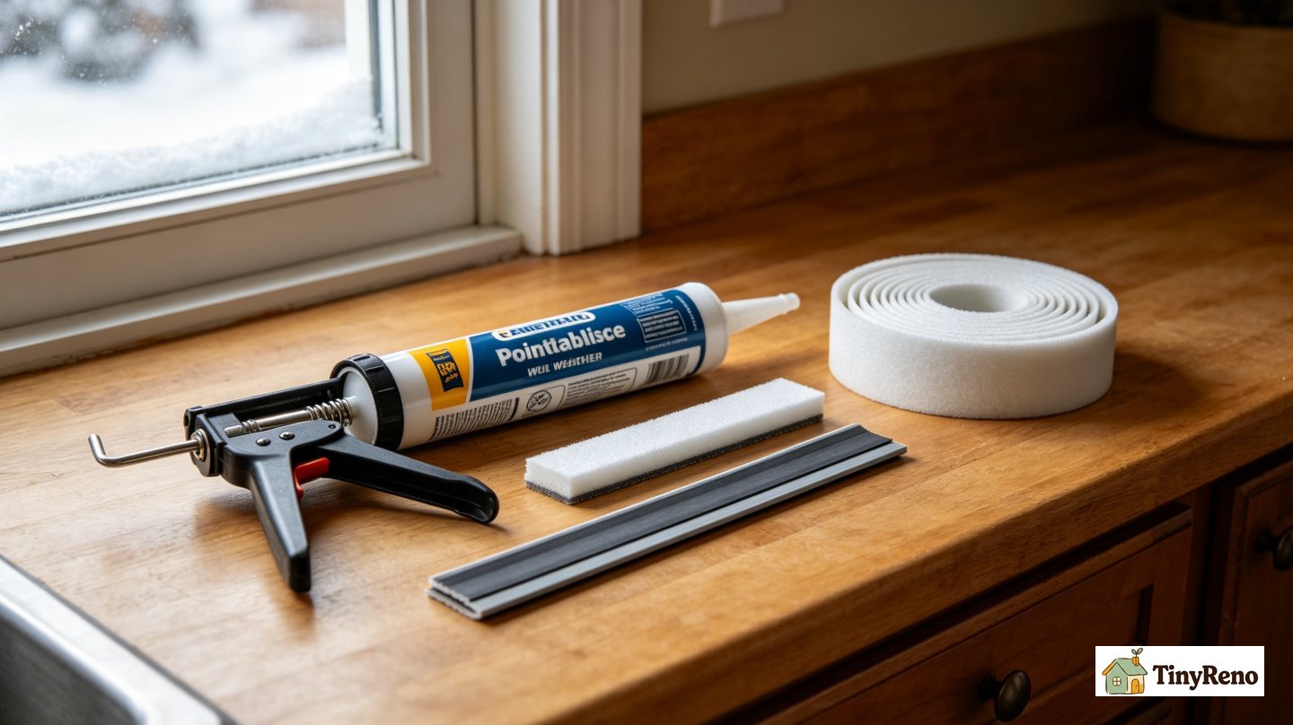 Caulk gun, paintable silicone tube, adhesive foam weatherstripping and door sweep stacked on wooden countertop
