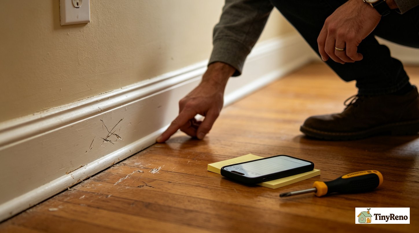 Renter inspecting apartment 14 days before move-out, taking photos of scratches and nicks on baseboard and floor