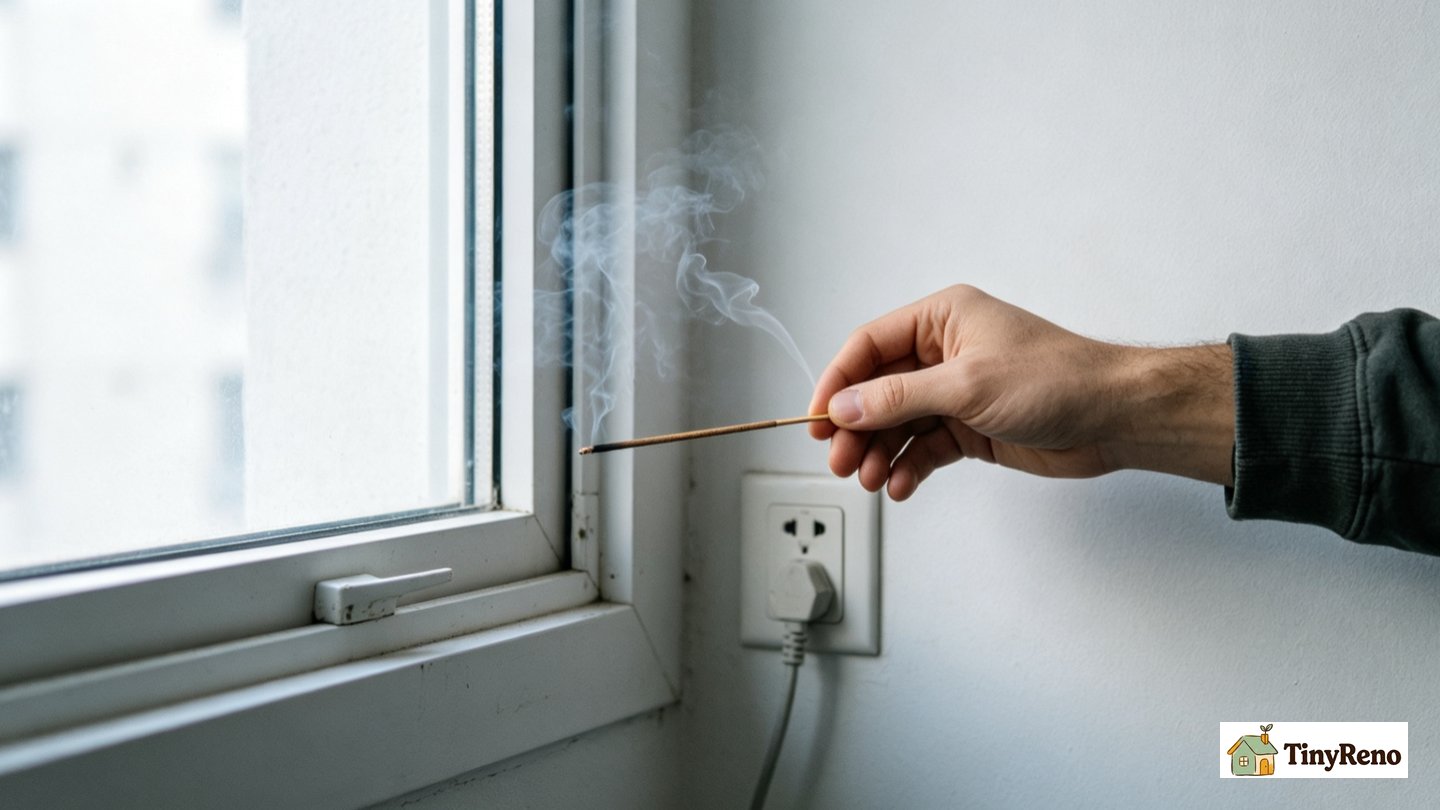 Renter holding incense stick near window frame, watching smoke drift to locate hidden air drafts inside rental apartment