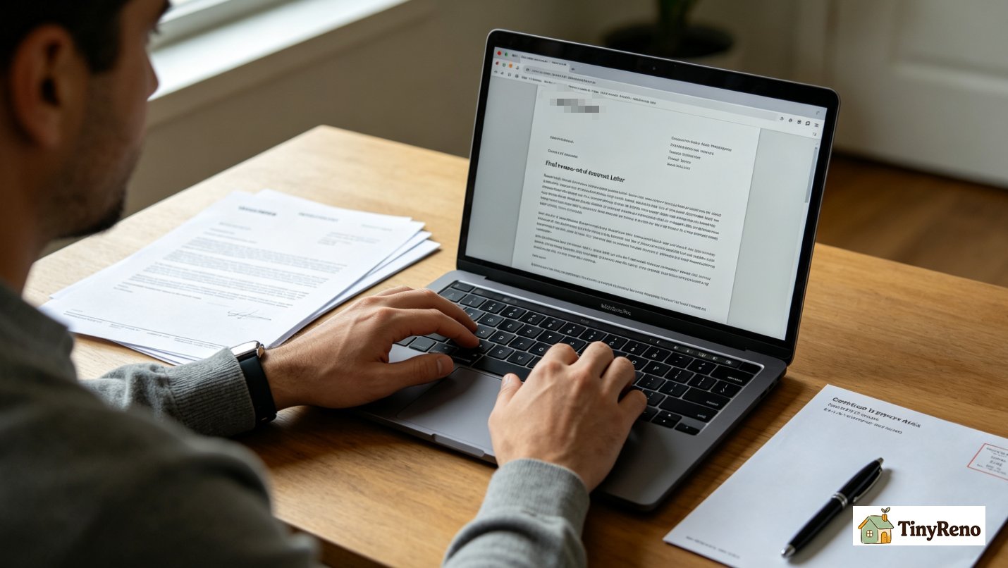Person typing final move-out deposit request letter on laptop, preparing to send email and certified mail to property owner