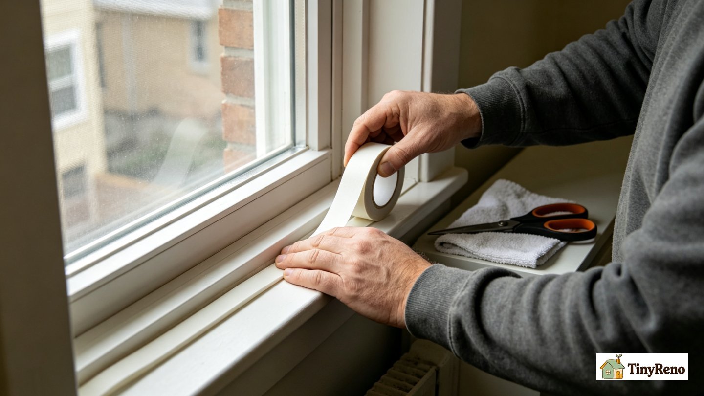 Homeowner pressing adhesive foam weatherstripping tape onto the edge of a drafty apartment window frame