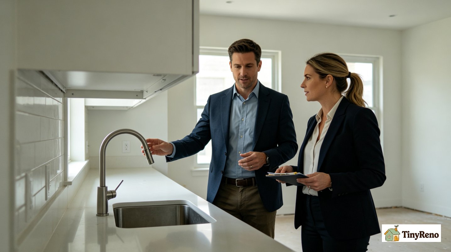 Tenant and property manager doing joint walkthrough inside empty apartment, inspecting kitchen fixtures together