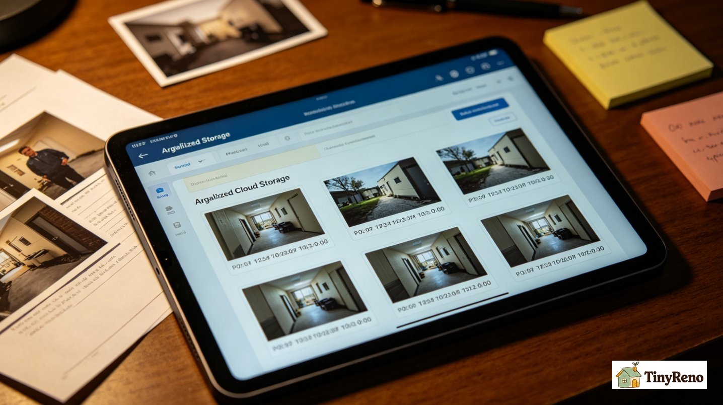Organized cloud storage folder on tablet screen, labeled with apartment unit number, storing timestamped photos of unit defects