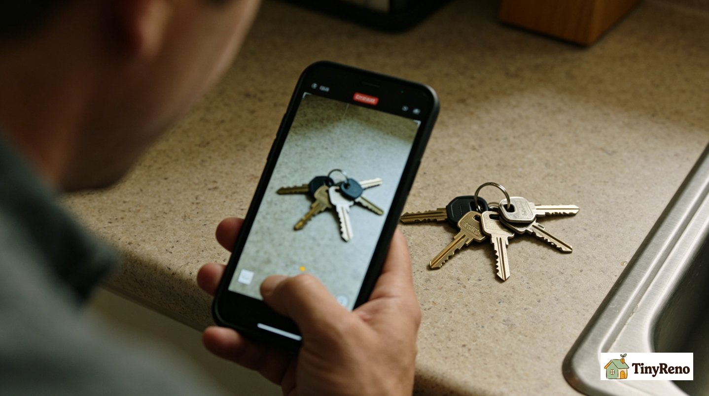 Renter taking timestamp photo of house keys stacked on countertop to create proof of key return on move-out day