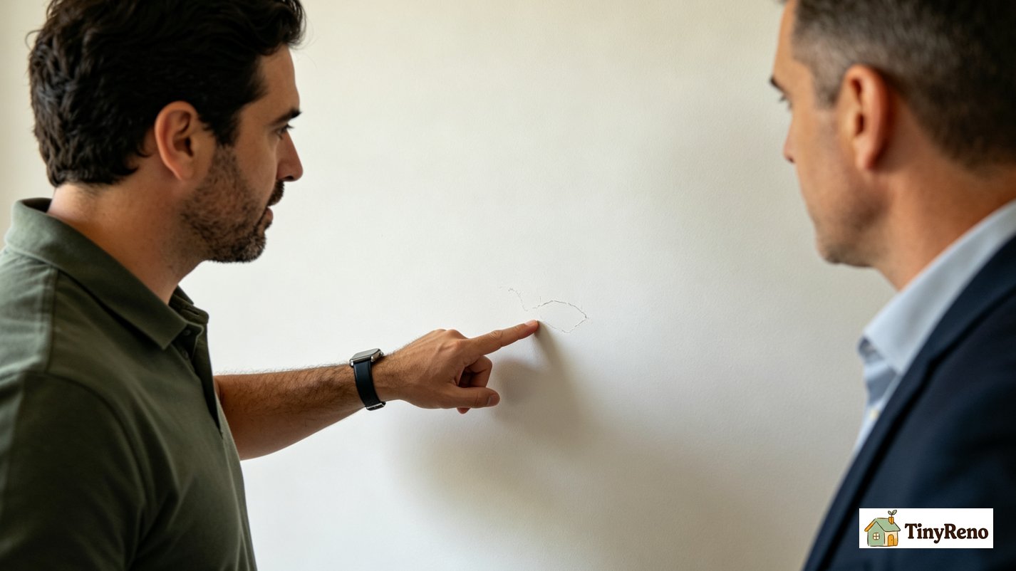 Renter pointing at minor wall scuff on drywall while discussing it with property manager during joint inspection