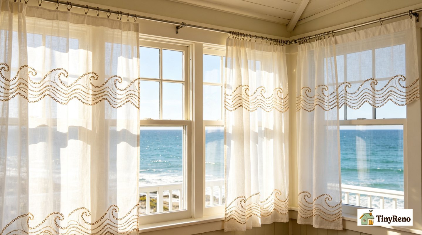 Bright coastal sunroom, ceiling track mounted sheer curtains with continuous chain-stitch wave embroidery, sunlight pouring over multiple windows