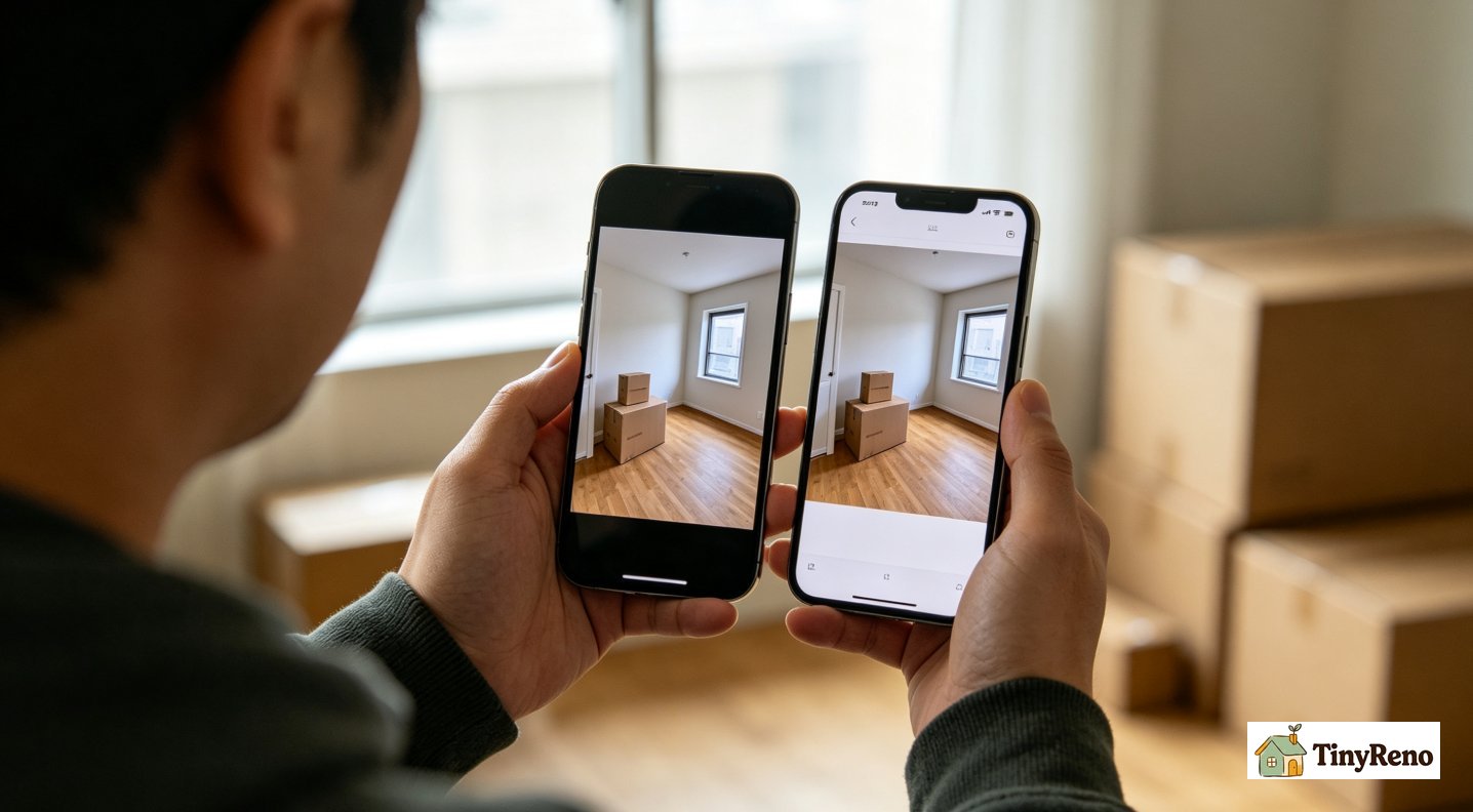 Tenant comparing two photos on phone screen — move-in baseline photo and matching angle photo taken later during lease