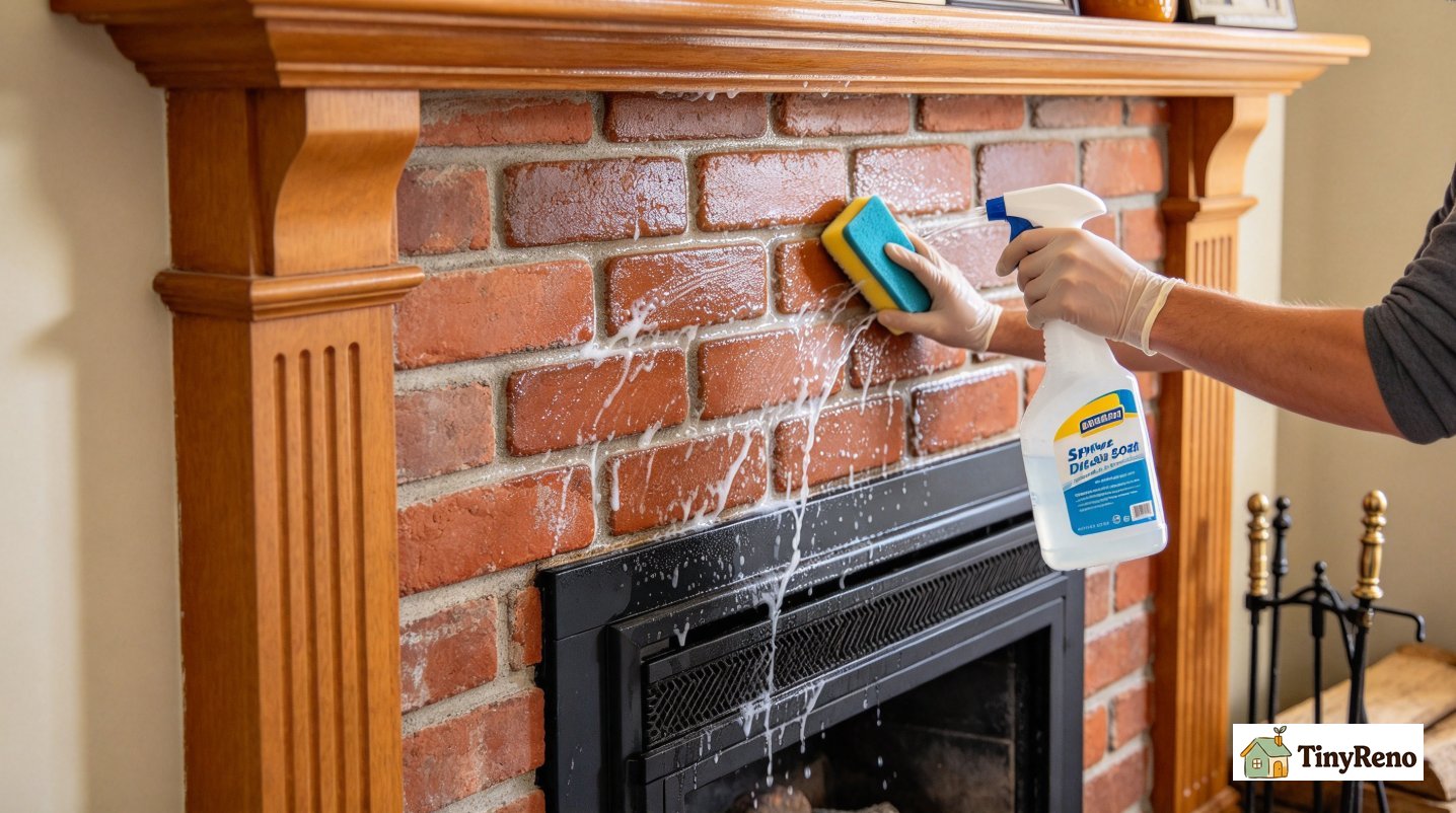 Rinsing fireplace brick with spray bottle after TSP scrubbing, final wipe down with diluted dish soap solution to remove cleaner residue.