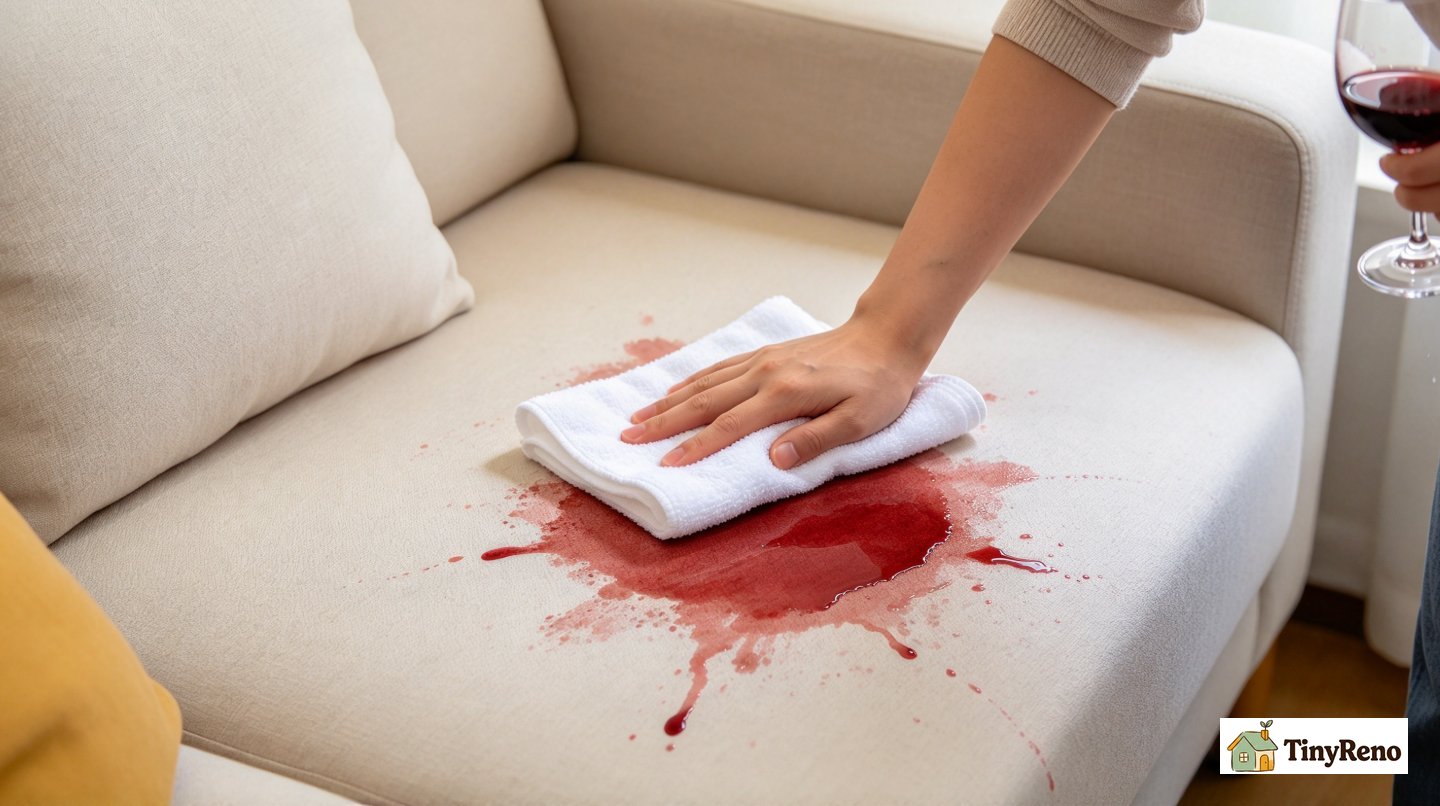 A renter testing sofa stain removal at 10 PM using a white cotton towel and cold water, soft warm lamp light, off-white wall