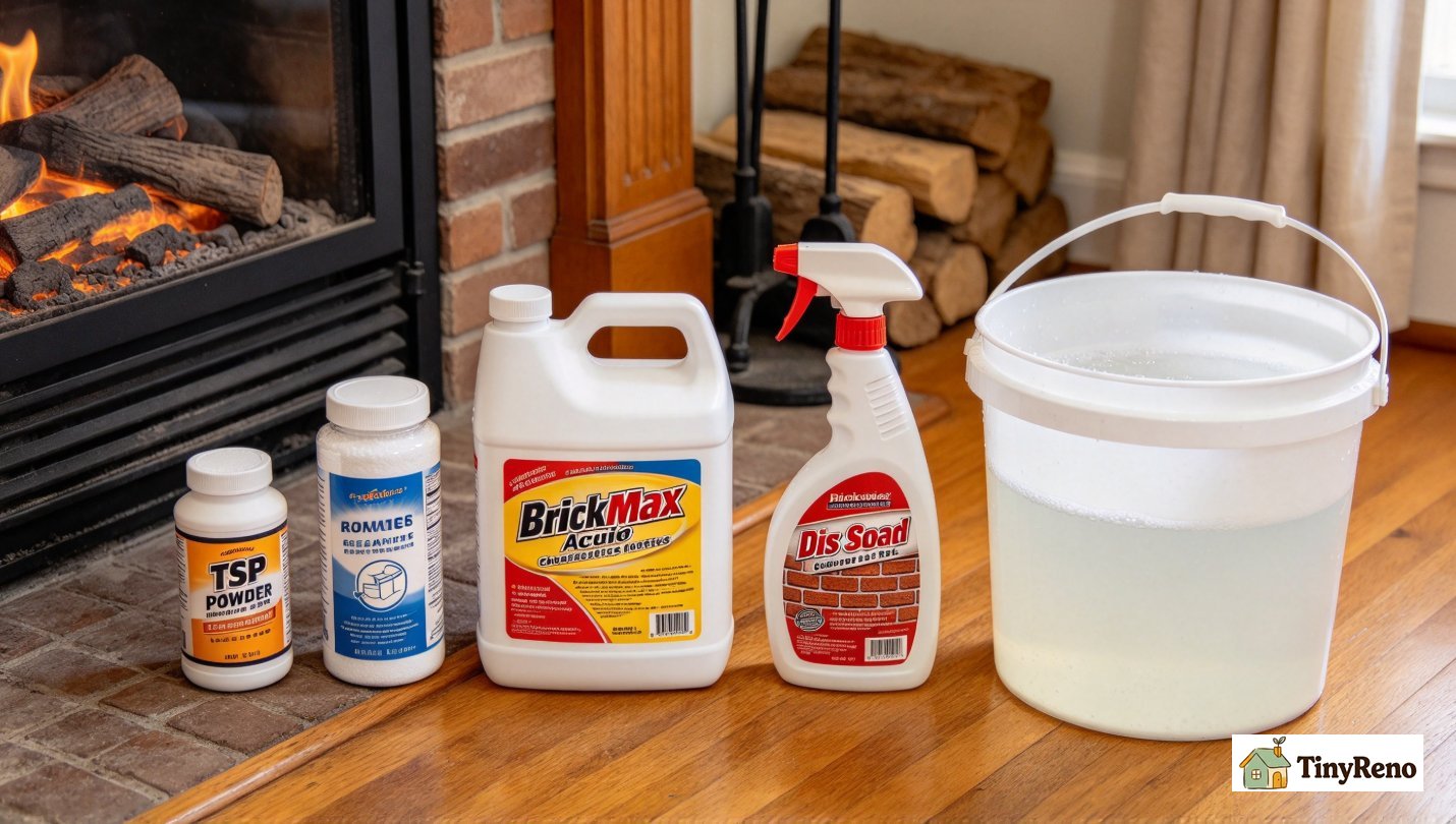 Four cleaning products lined up on wooden floor beside fireplace: TSP powder, muriatic acid jug, Brickmax spray bottle, diluted dish soap bucket for masonry test.