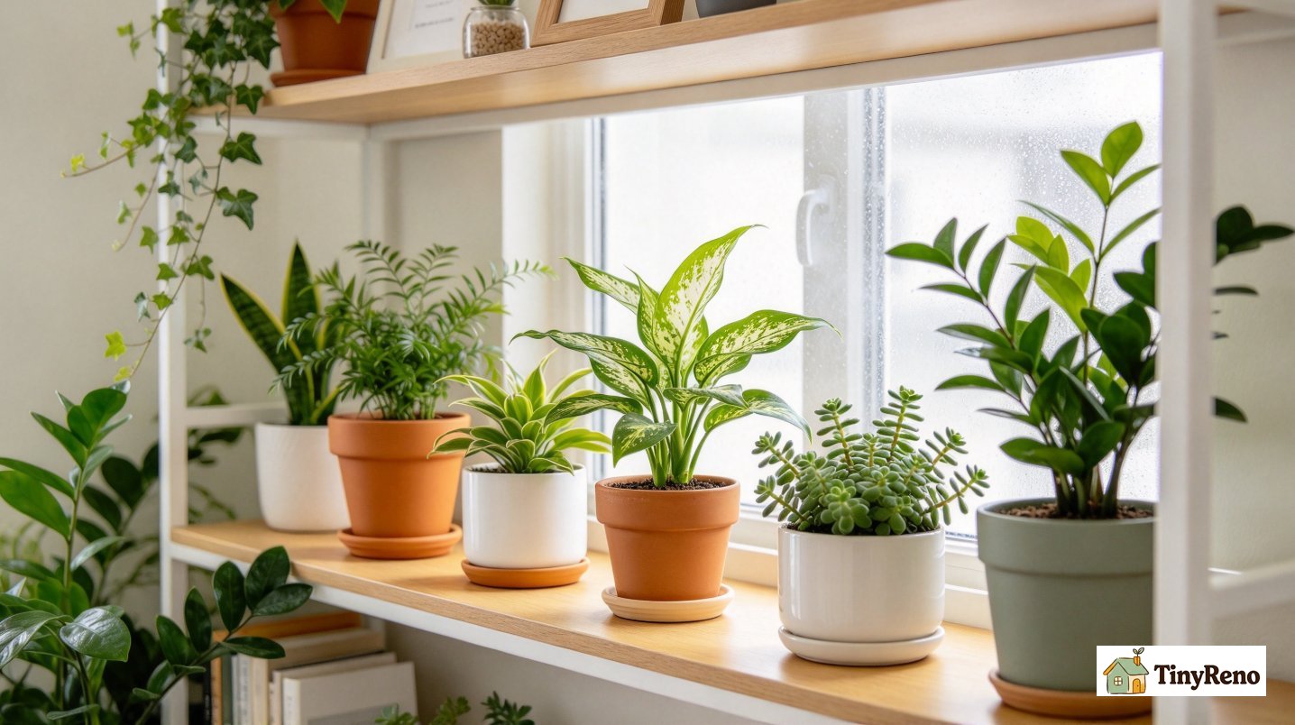 Small indoor houseplants arranged on apartment shelf, illustrating that houseplants only add negligible moisture to dry winter air.