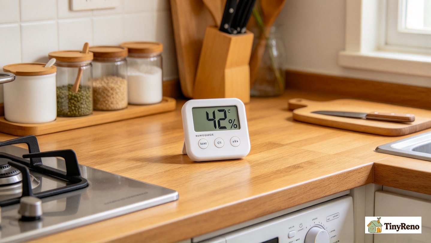 Close-up shot of digital hygrometer display, reading 42% relative humidity, placed on wooden kitchen counter.