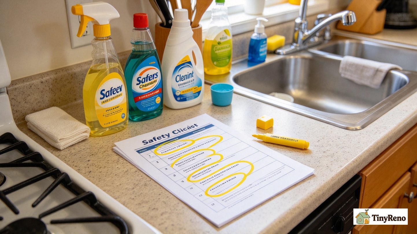 Printed EWG safety checklist with yellow highlighter marks, listing harmful cleaning chemicals, laid on kitchen counter next to cleaner bottles.