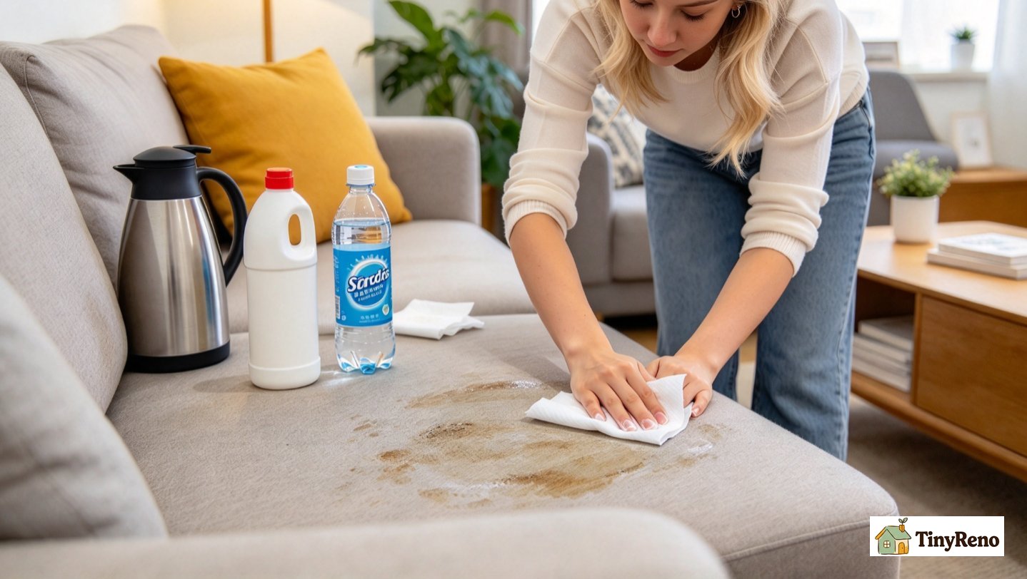 Renter placing a quarter beside faint sofa stain for scale, taking photo with cushion fabric tag visible for landlord documentation.