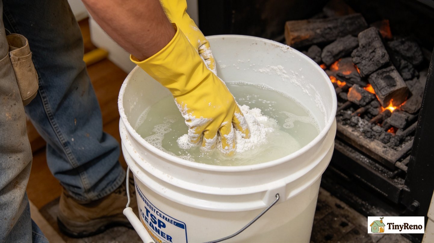 A renter testing TSP cleaner in a five-gallon bucket next to a brick fireplace with stiff nylon brush, soft warm lighting, creamy ivory wall