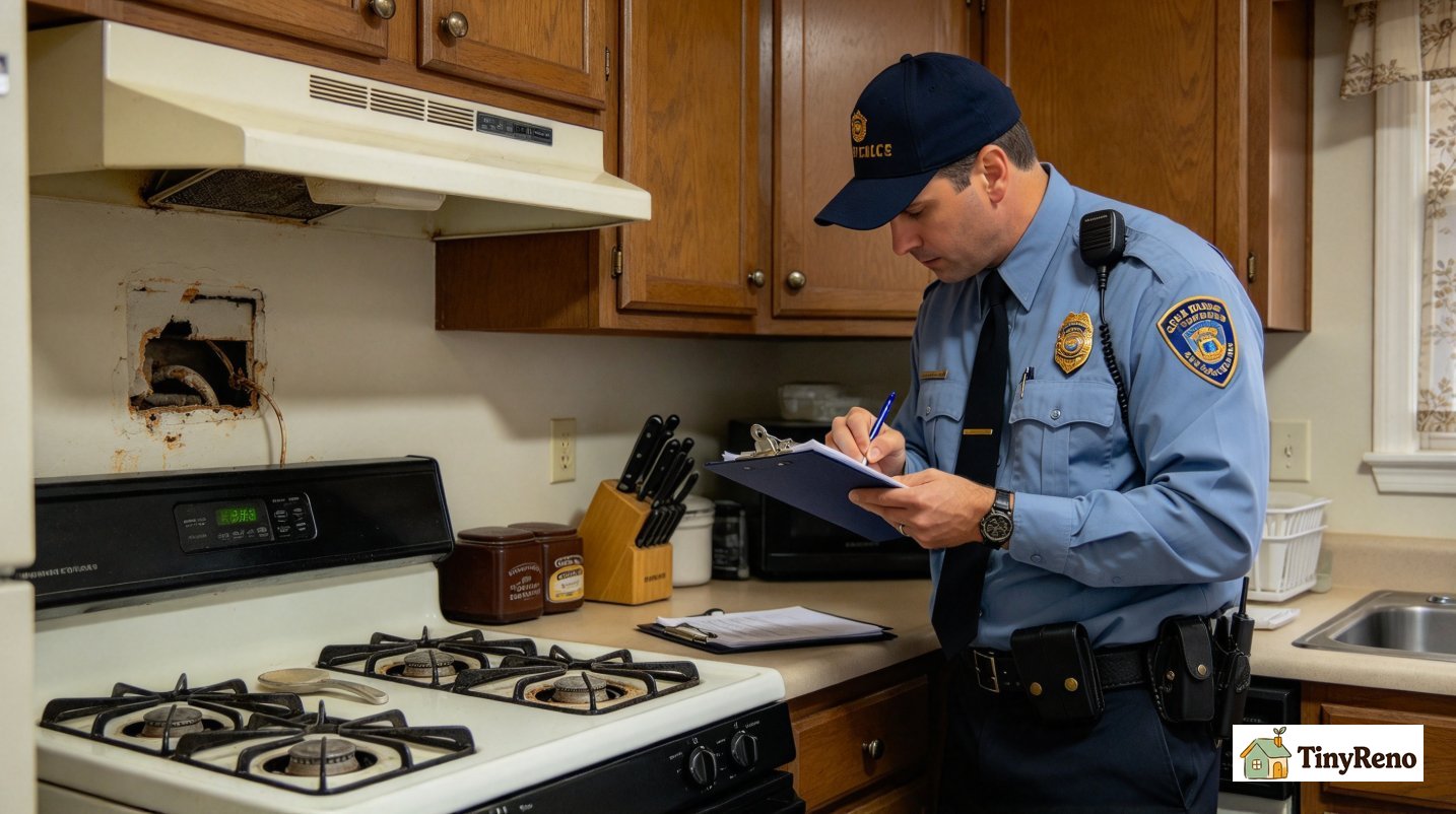Local code enforcement inspector checking damaged apartment fixture, filling out inspection report after tenant filed complaint.