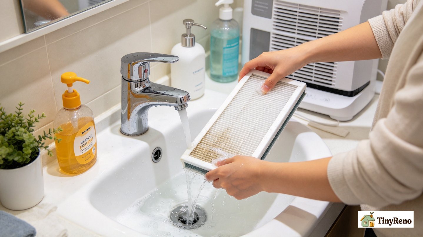 Person cleaning the wick filter of evaporative humidifier in bathroom sink, weekly maintenance to prevent mineral buildup.
