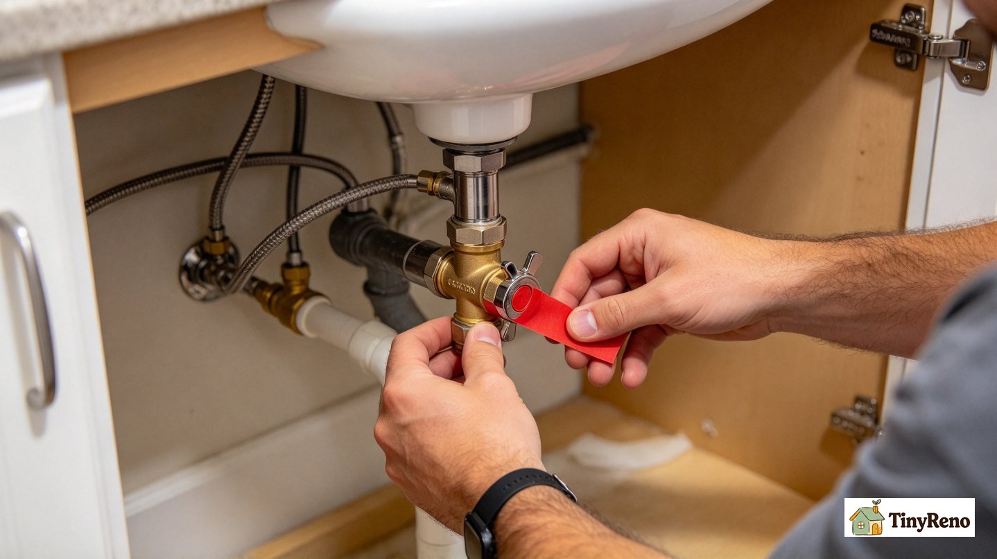 A hair dryer being used to thaw a frozen copper pipe under a kitchen sink with the faucet open and a bucket below catching drips