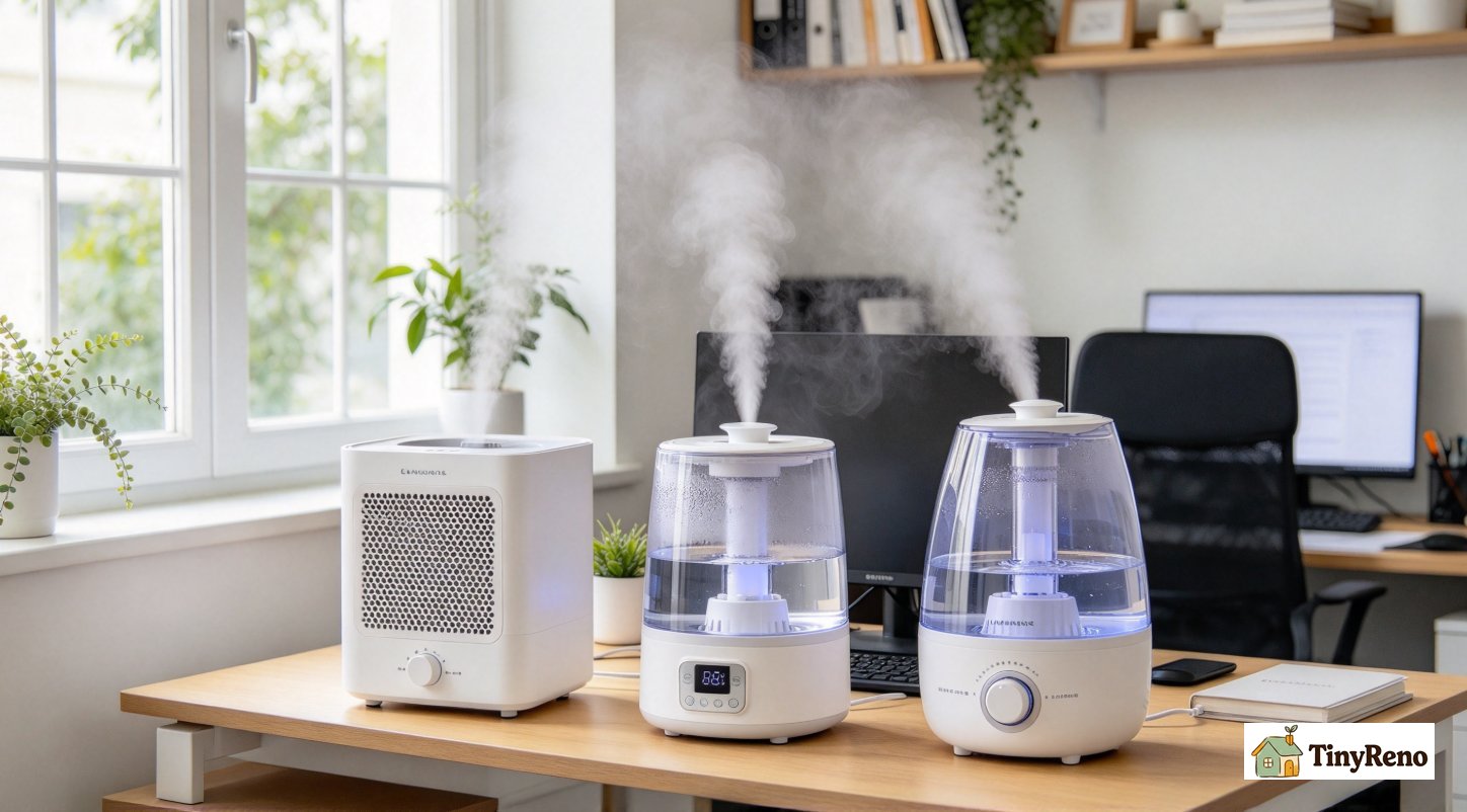 Three different types of humidifiers lined up on home office table: evaporative, steam, and ultrasonic humidifier for renter comparison.