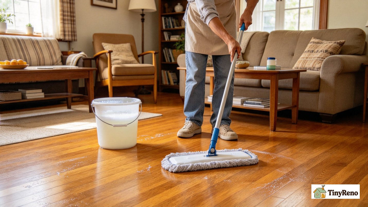 Renter mopping vintage 1920s oak hardwood floor with microfiber mop, bucket of diluted castile soap solution beside them.