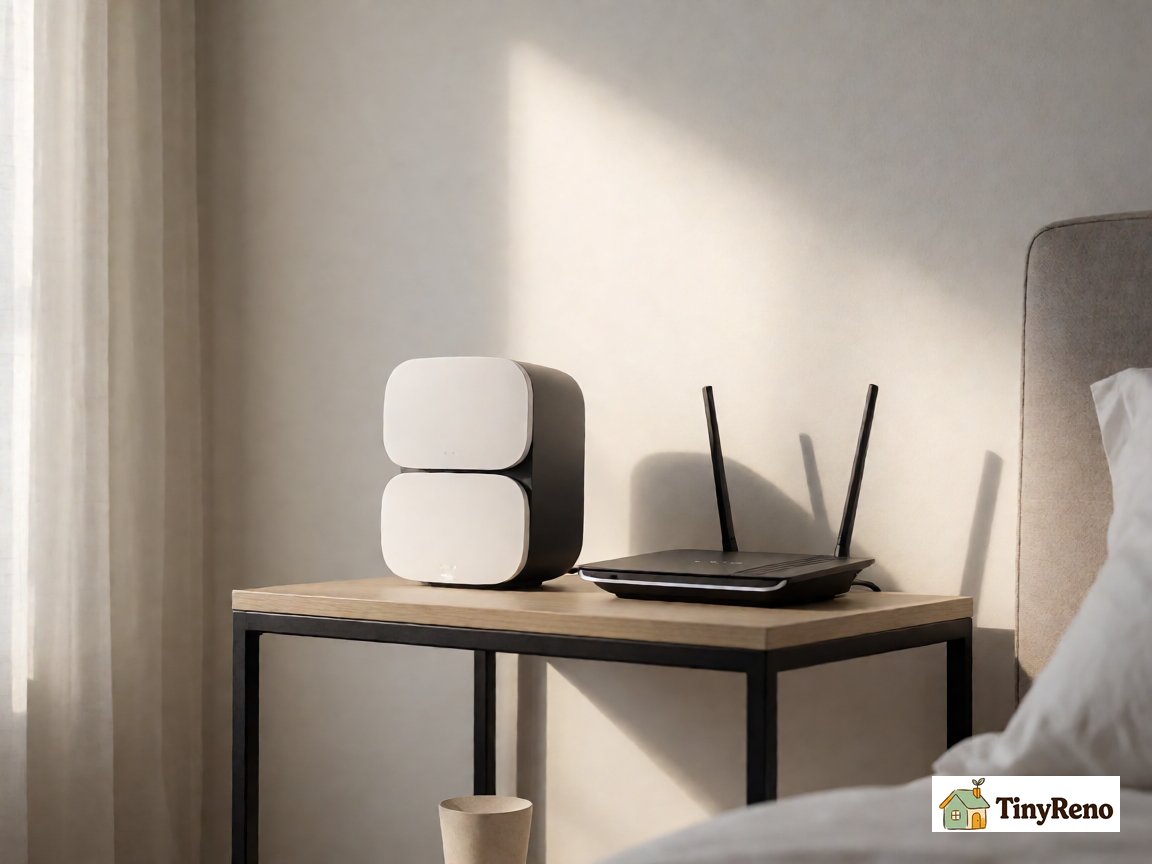 A two-piece mesh WiFi system on a small apartment shelf next to the existing router, to identify the modern mesh setup as the recommended alternative to a plug-in repeater