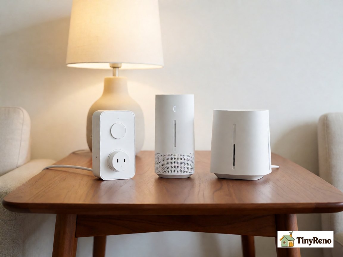 Three different WiFi extender devices laid out on a wooden table to compare plug-in repeater powerline adapter and mesh hardware