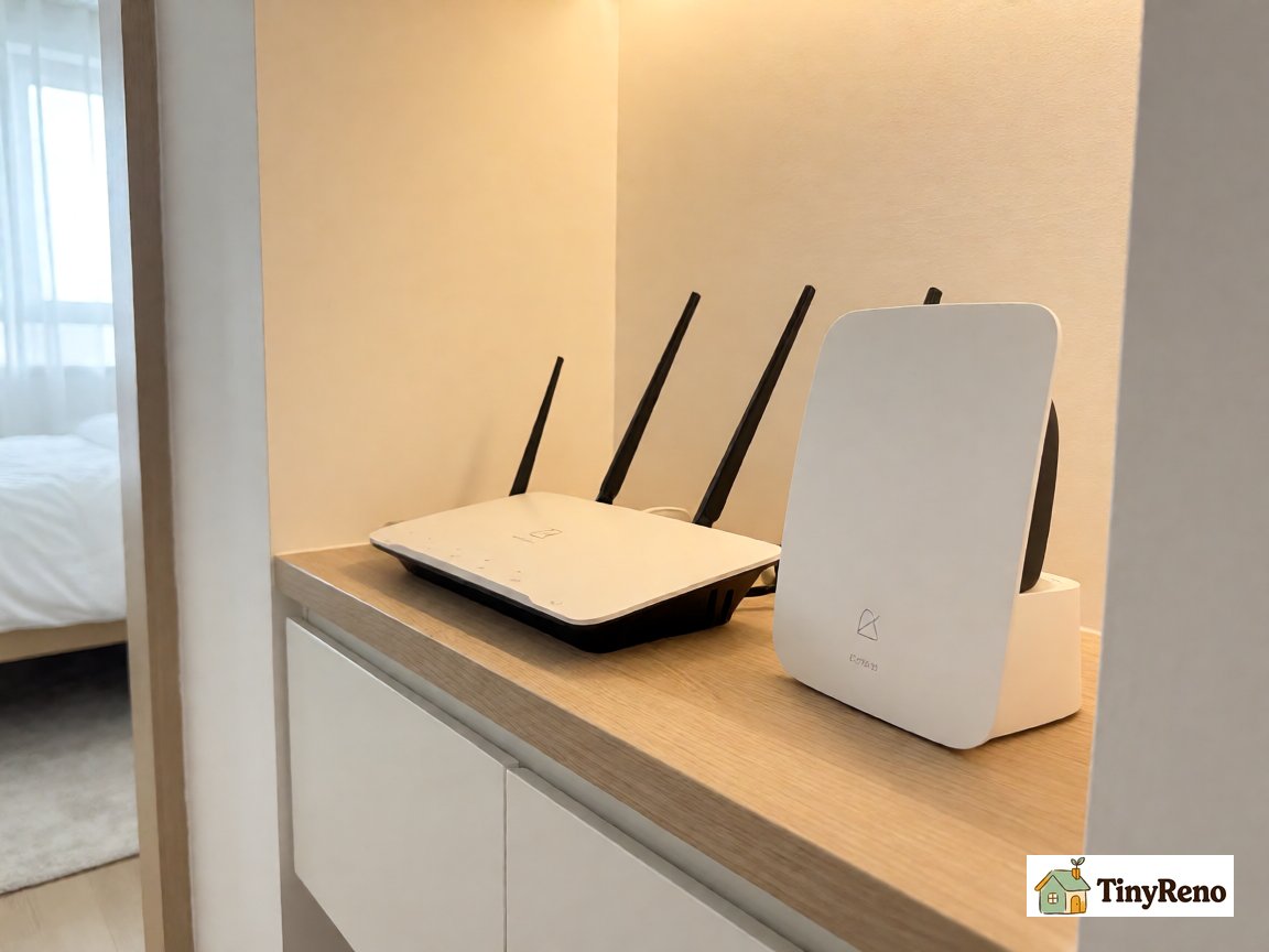 A landlord-provided WiFi router on a small hallway shelf next to a mesh access point, to identify how mesh coexists with the existing ISP router setup
