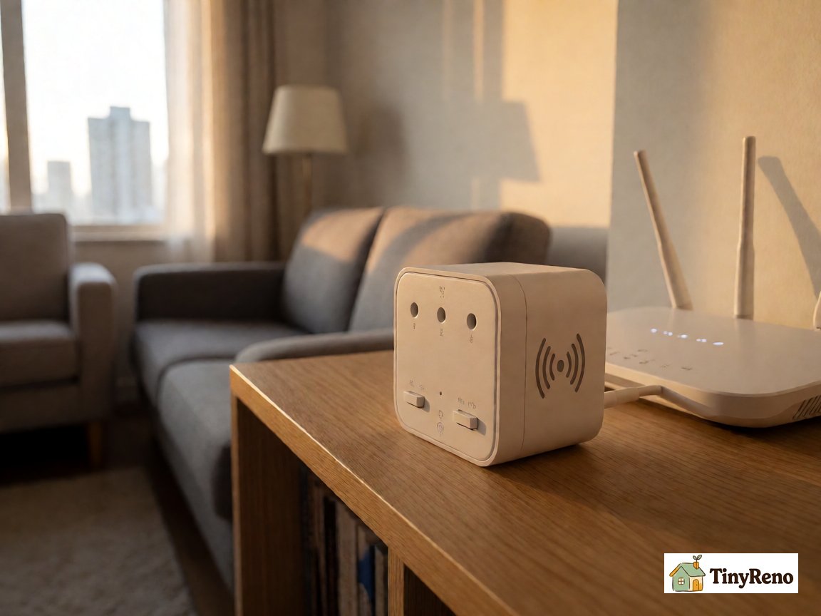 Cover photo of a small white plug-in amplifier wifi device next to a WiFi router on a wooden shelf, to identify the typical extender hardware