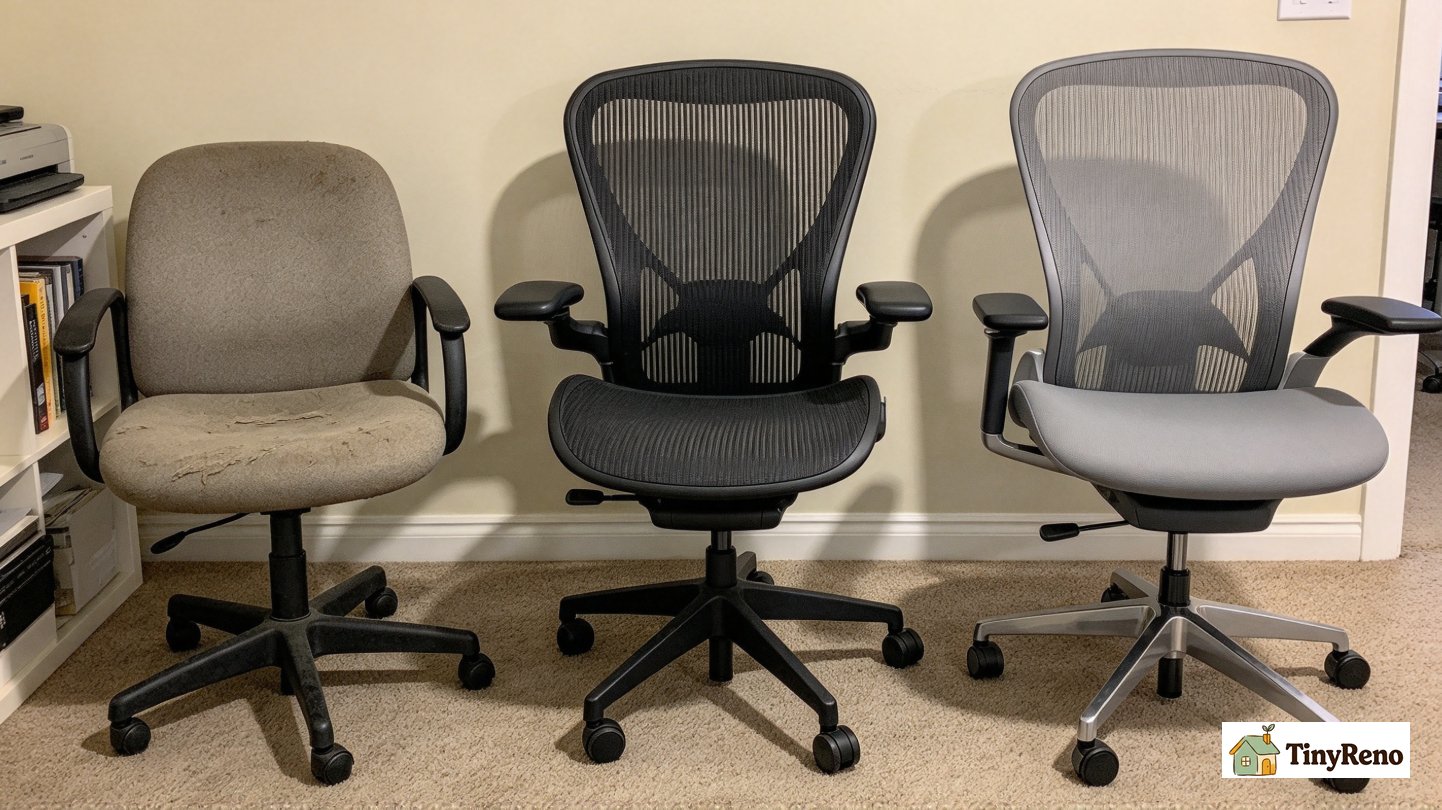 Side by side shot of three office chairs: worn used stoop-sale chair, Amazon mesh chair, premium used Steelcase Leap chair placed on apartment floor