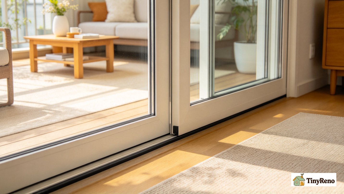 Finished installed new foam seal on sliding glass door bottom, door smoothly sliding closed, no visible air gap at threshold, warm interior lighting