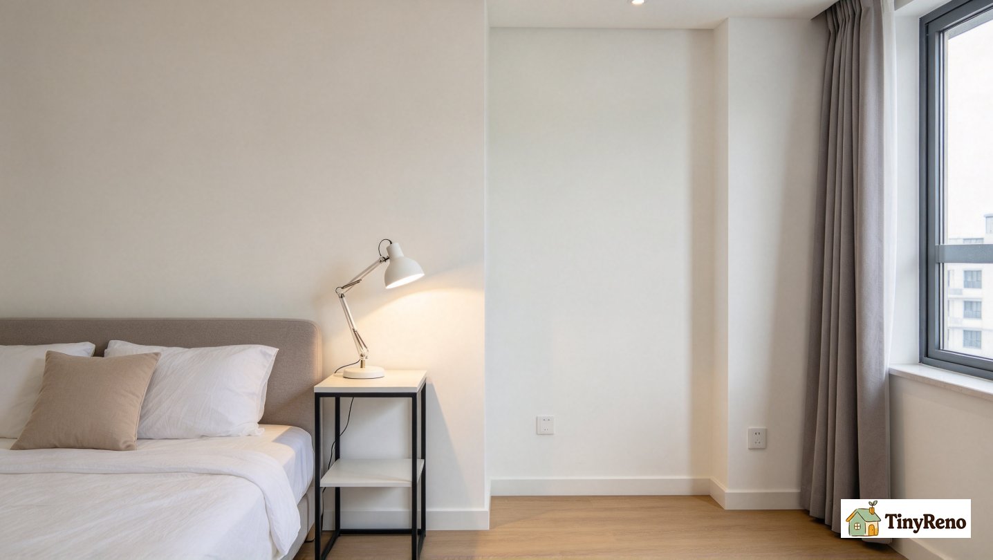Simple desk lamp sitting on small studio side table, no rug, no coffee maker or TV on display, minimal renter setup