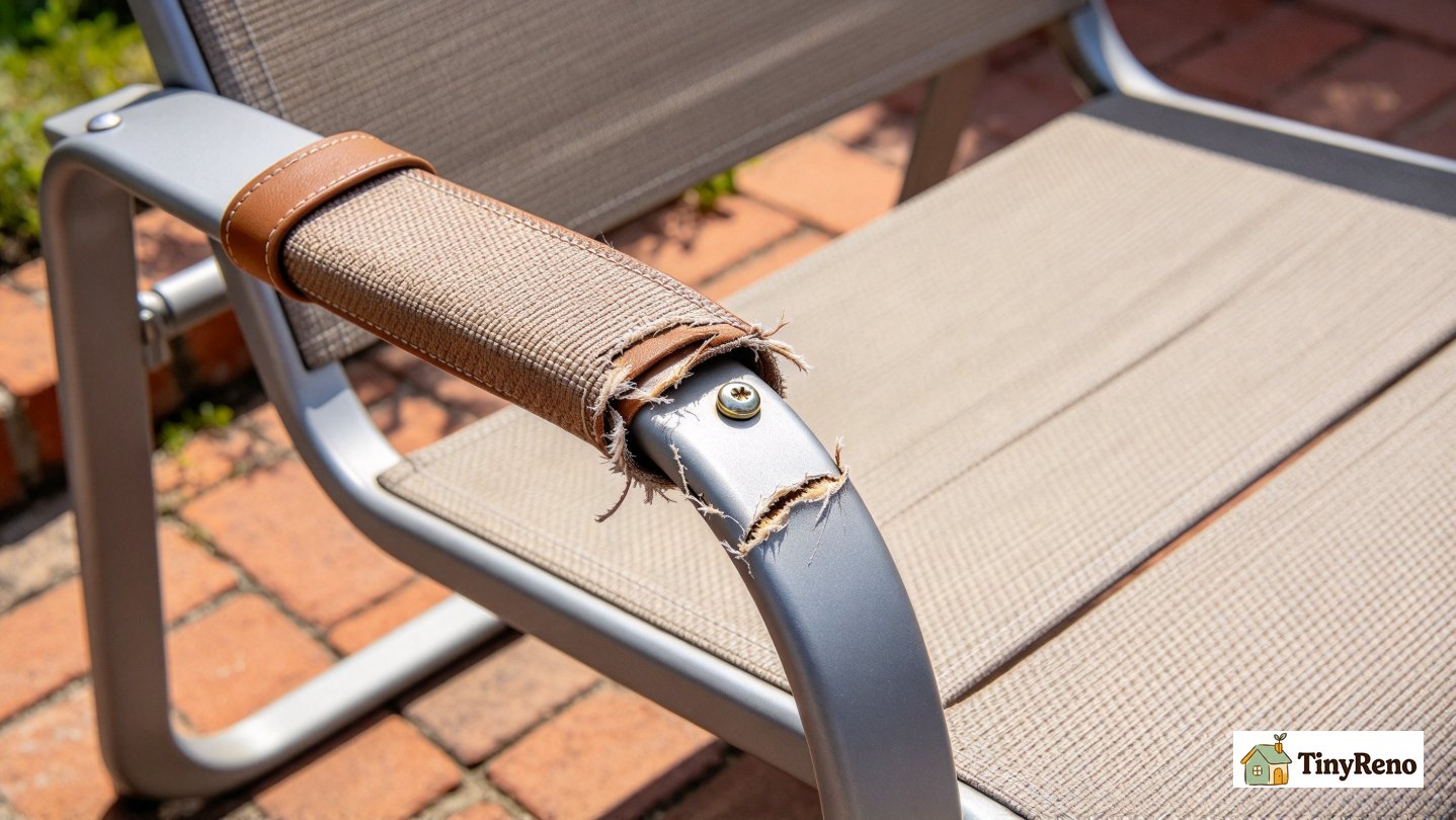 A close-up of a broken vinyl patio chair strap with fraying rivet, soft warm afternoon light, off-white warm beige wall