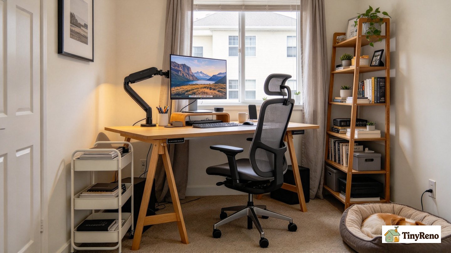 Final 14-month small rental home office setup, IKEA trestle desk, clamped VESA monitor arm, Steelcase Leap chair, rolling cart tucked beside shelf, dog bed in corner