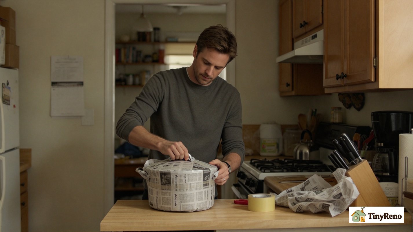 Renter carefully wrapping a cooking pot with newsprint packing paper, taping the paper closed in small Brooklyn apartment kitchen