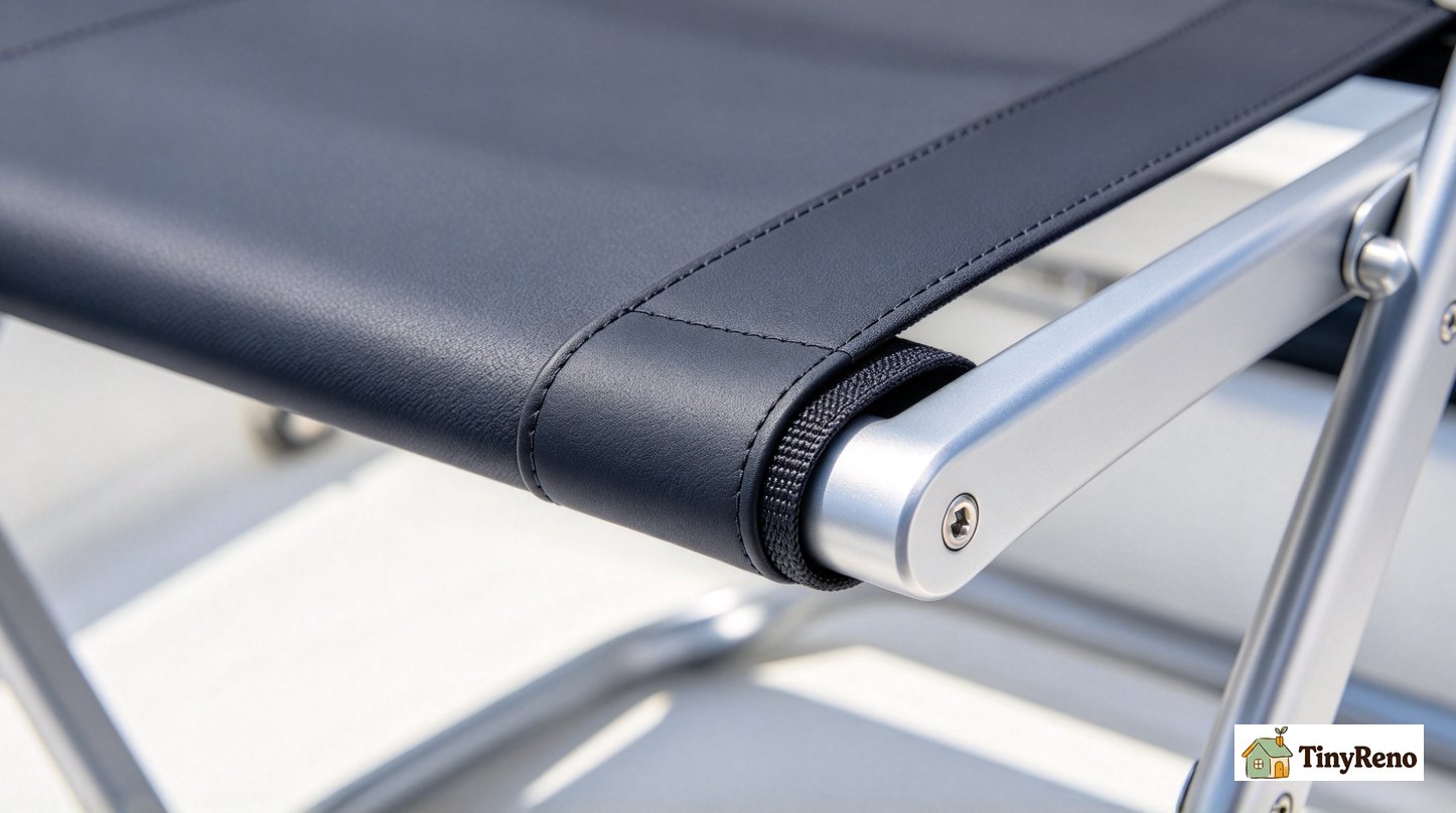 Close-up of installed marine-grade vinyl strapping section on aluminum chair frame, clean rivet hole, smooth tight fit against chair frame
