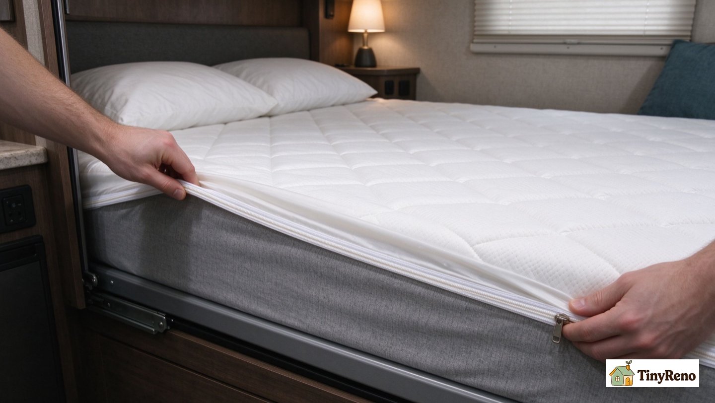 Close-up shot of zippered mattress cover going over the Murphy bed mattress inside small studio apartment