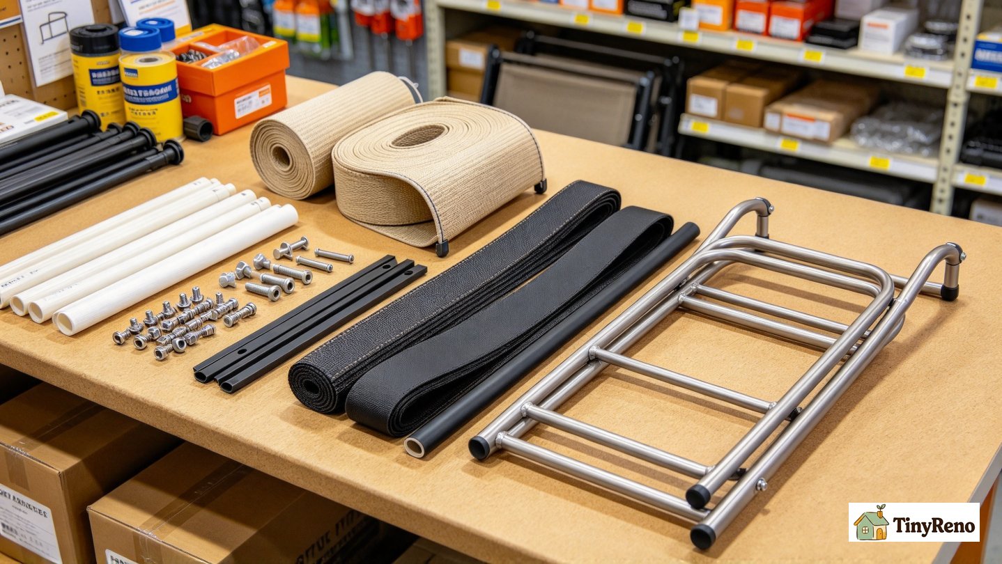 A renter holding a bent patio chair seat frame part in one hand and a measuring tape in the other, soft warm light, off-white wall
