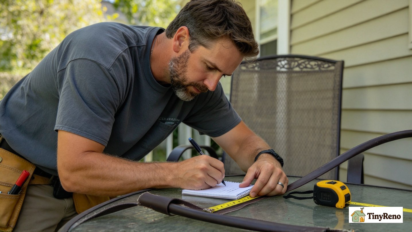 A renter measuring a vinyl patio chair strap with a tape measure on a kitchen table, soft warm light, off-white wall