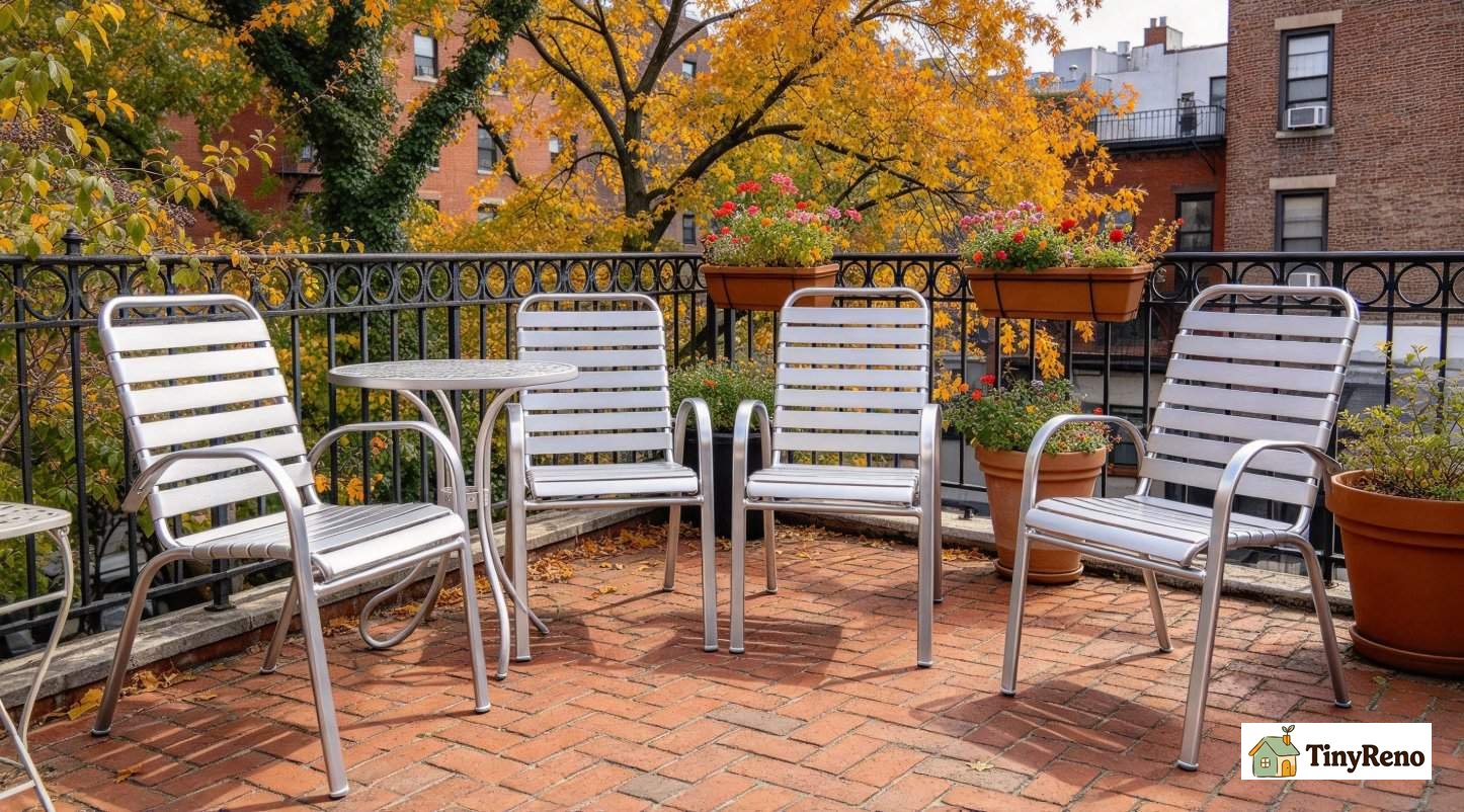 Complete set of four matching aluminum patio chairs on Brooklyn south-facing brick patio after frame repair, clean autumn daylight