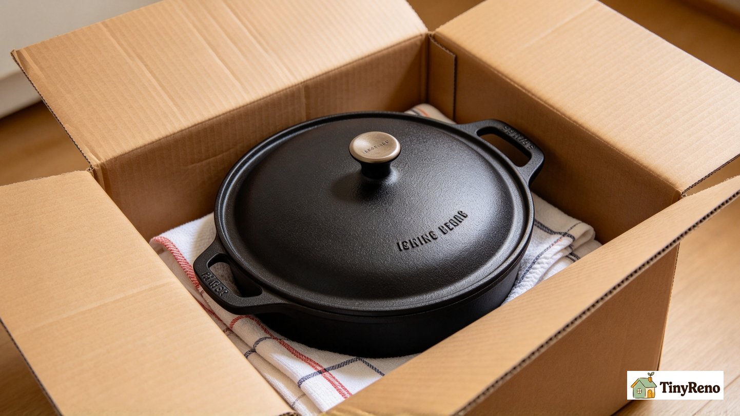Close-up of a cracked Le Creuset Dutch oven wrapped in dish towels inside a 24-inch cardboard moving box, soft warm light, off-white wall.