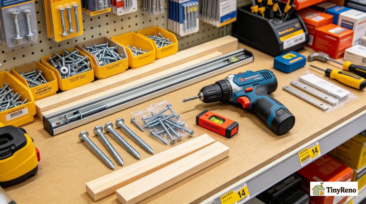 A test comparison of toggle bolts versus wood screws laid out on a kitchen table next to a drill and a 9-inch level, soft warm light, off-white wall
