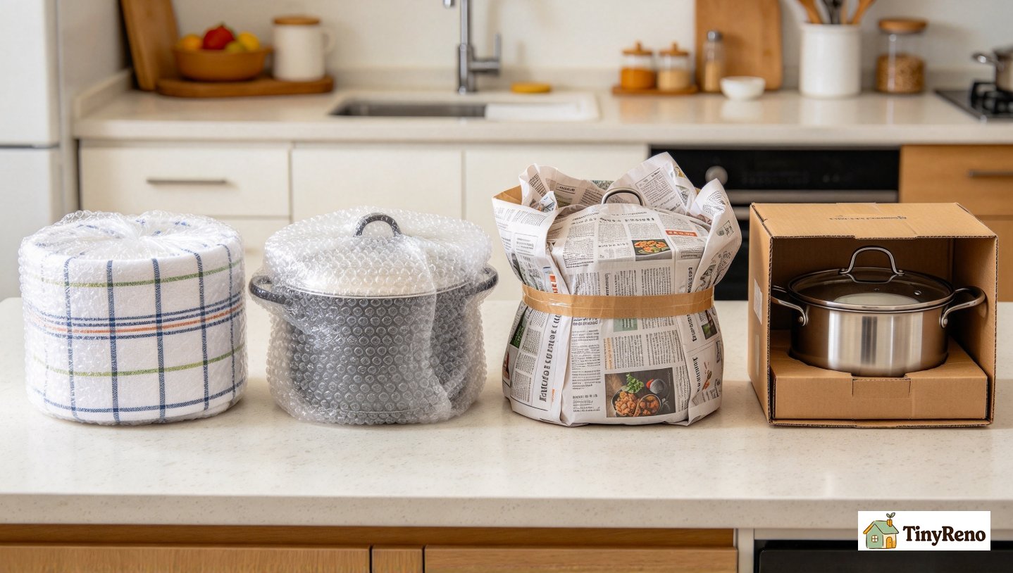 A heavy cast-iron pot wrapped in newsprint paper inside an 18-inch cardboard moving box, soft warm light, off-white wall.