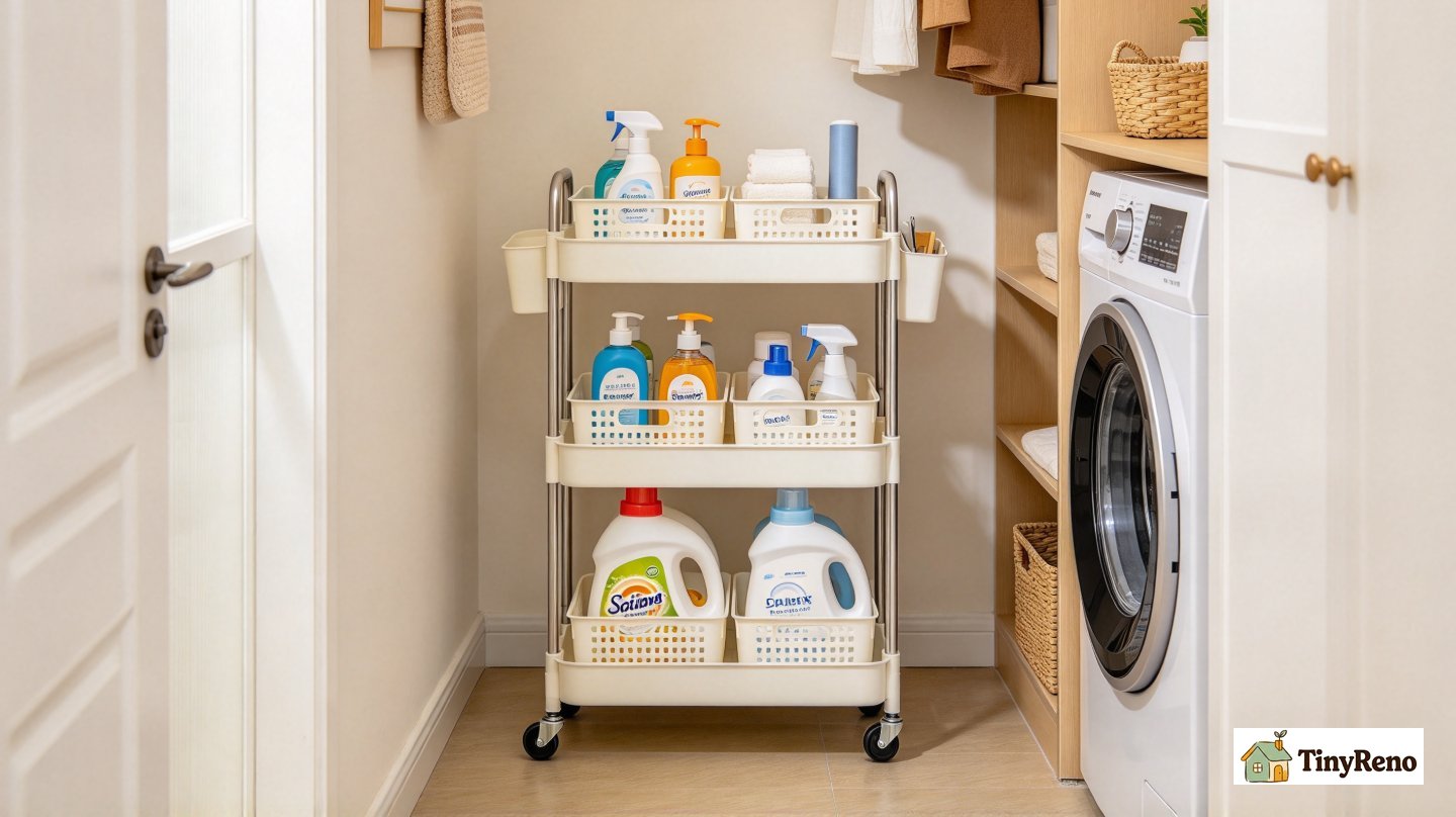 3-tier rolling utility cart in tiny laundry closet, detergent, stain spray and lint roller neatly arranged, cart wheels locked in place